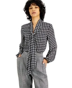 Bar III Women's Houndstooth Printed Long Sleeve Blouse, Created For Macy's
