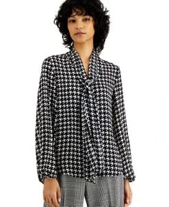 Alternative view of Bar III Women's Houndstooth Printed Long Sleeve Blouse, Created For Macy's