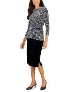 Kasper Women's Side-Tie Metallic Top & Velour Midi Skirt