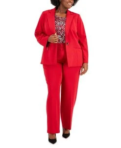 Kasper Plus Size Notched Collar Jacket, Geo-Print Cowlneck Top & Pull-On Pants