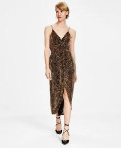 Bar III Women's Twisted Glitter-Knit Faux-Wrap Dress, Created For Macy's