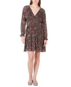 Black Tape Women's Printed V-Neck Long-Sleeve Dress