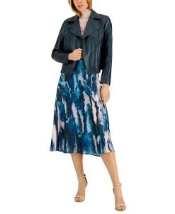 Anne Klein Women's Turtleneck Sweater, Satin Print Skirt And Faux-Leather Moto Jacket