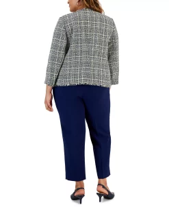 Alternative view of Kasper Plus Size Tie-Neck Top, Tweed Blazer & Straight-Leg Pants