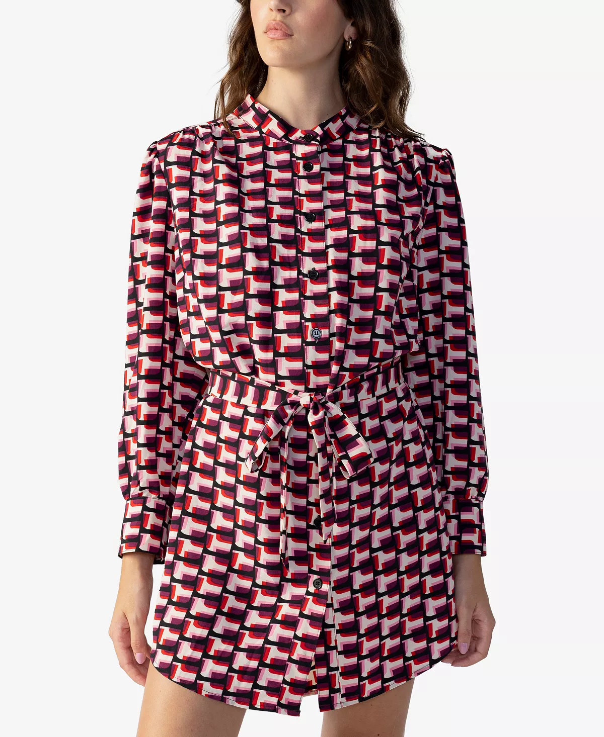 Sanctuary Women's Geo-Print Belted Mini Shirt Dress 3 Sanctuary Women's Geo-Print Belted Mini Shirt Dress - Image 3