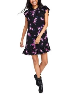 CeCe Floral-Print Ruffled Shift Dress