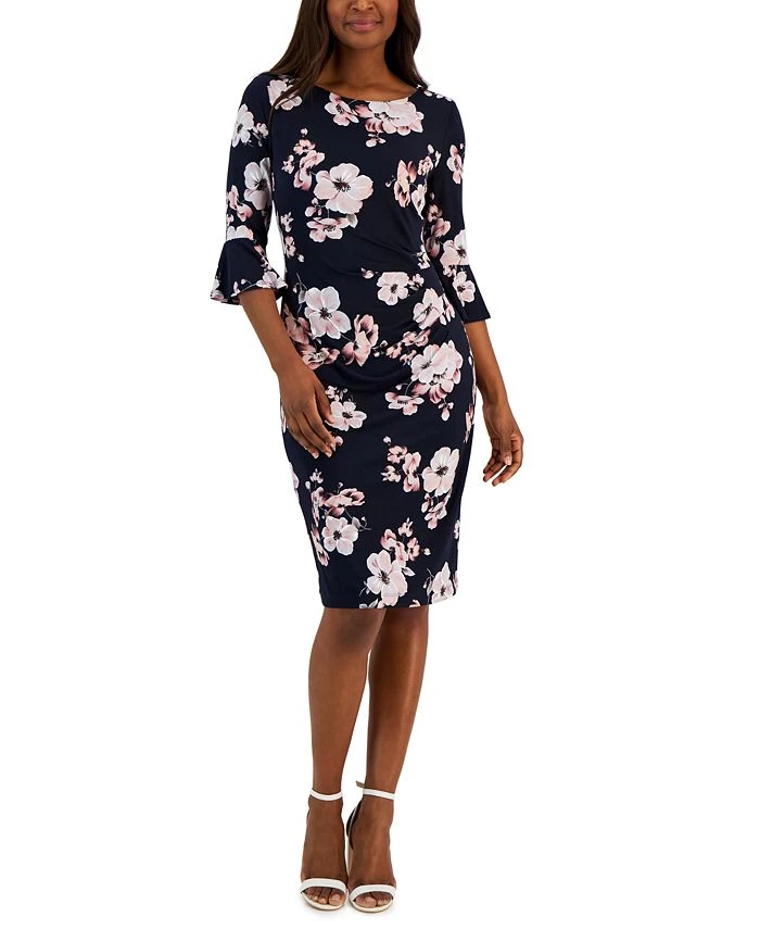 Connected Women's Floral-Print Flared-Sleeve Sheath Dress 1 Connected Women's Floral-Print Flared-Sleeve Sheath Dress