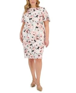 Kasper Plus Size Floral-Print Flutter-Sleeve Boat-Neck Sheath Dress