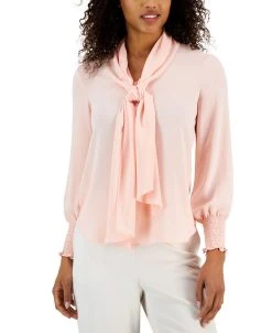 Anne Klein Women's Chiffon Smocked-Cuff Bow Blouse