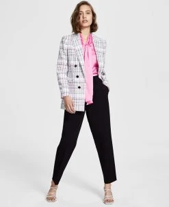 Bar III Plaid Faux Double-Breasted Boyfriend Blazer, Long-Sleeve Bow-Tie Blouse & Pull-On Pants, Created For Macy's