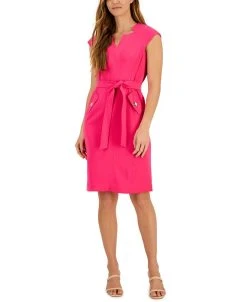 Kasper Women's Notched V-Neck Cap-Sleeve Belted Dress
