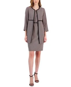 Kasper Women's Link-Print Jacquard-Waist Seam Topper Coat & Link Print V-Neck Belted Dress