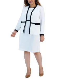 Kasper Plus Size Stretch Contrast Frame Cardigan & Stretch Contrast Frame Dress