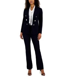 Anne Klein Faux Double Breasted Blazer, Puff Sleeve Blouse, And High Rise Flare Pant