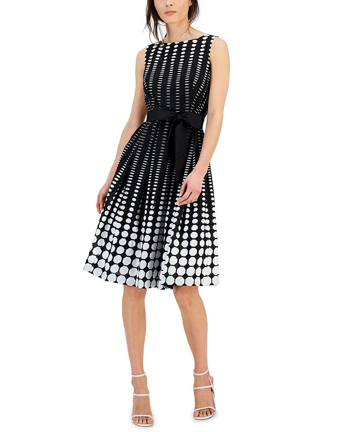 Anne Klein Women's Cotton Dot-Print Fit & Flare Belted Dress 1 Anne Klein Women's Cotton Dot-Print Fit & Flare Belted Dress