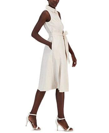 Anne Klein Women's Sleeveless Seersucker Belted Shirt Dress 3 Anne Klein Women's Sleeveless Seersucker Belted Shirt Dress - Image 3